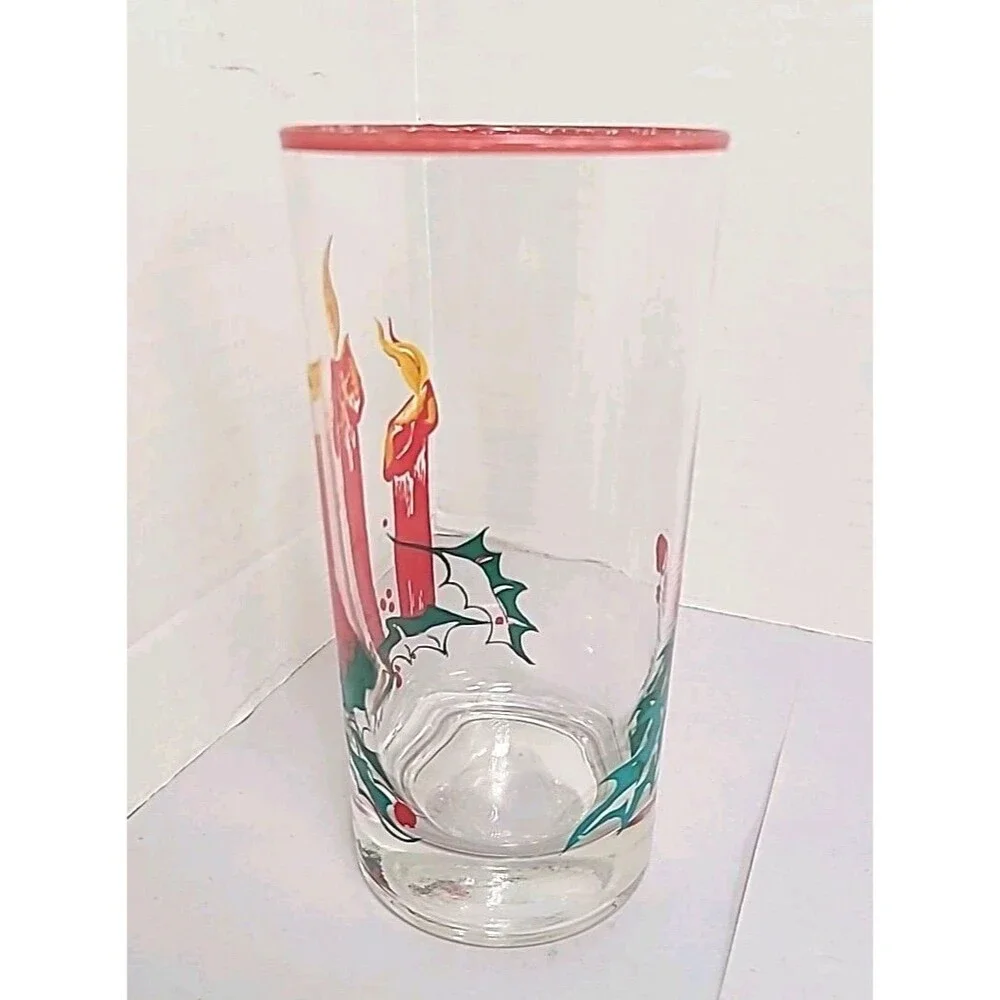 Vtg Christmas Federal Glass 6 Pc Tumblers Red Candles Holly Berry Red Green